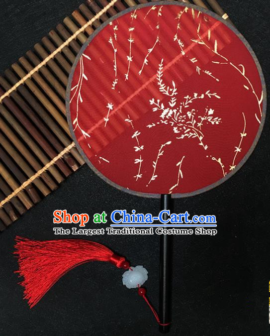 Chinese Handmade Classical Palace Fans Traditional Gilding Willow Red Silk Round Fan for Women