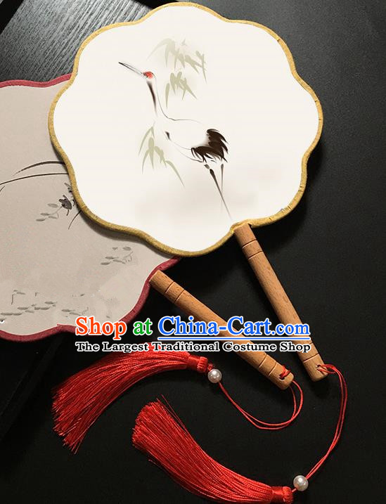 Chinese Handmade Classical Palace Fans Traditional Printing Crane Bamboo Hanfu Fan for Women