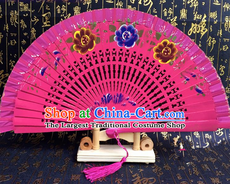 Chinese Handmade Classical Folding Fans Printing Flowers Rosy Wood Accordion Fan for Women