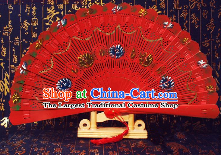 Chinese Handmade Classical Folding Fans Printing Wood Red Accordion Fan for Women