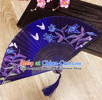 Chinese Handmade Classical Folding Fans Printing Butterfly Purple Silk Accordion Fan for Women