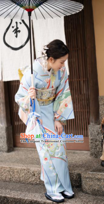 Japanese Handmade Kimono Japan Traditional Yukata Blue Dress for Women