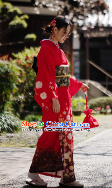 Japanese Handmade Kimono Japan Traditional Yukata Red Dress for Women