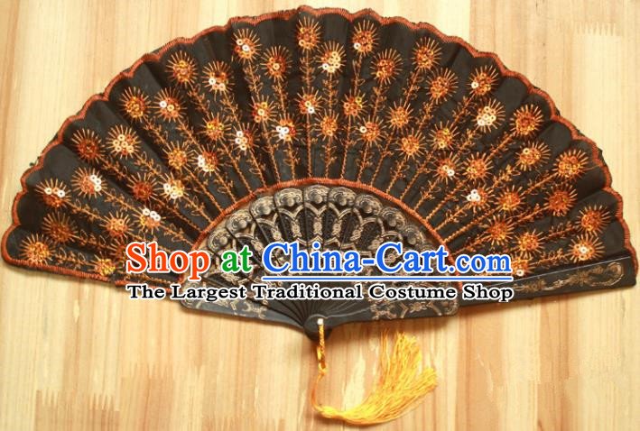 Chinese Handmade Classical Folding Fans Folk Dance Orange Paillette Silk Accordion Fan for Women