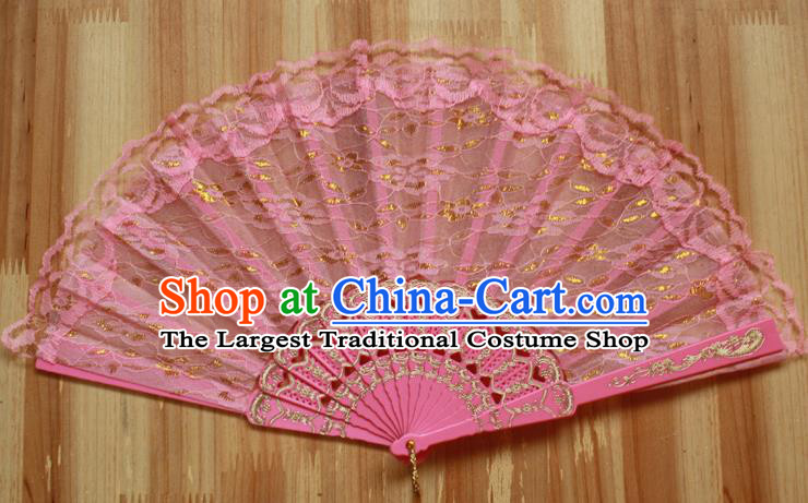 Chinese Handmade Classical Pink Lace Folding Fans Folk Dance Accordion Fan for Women