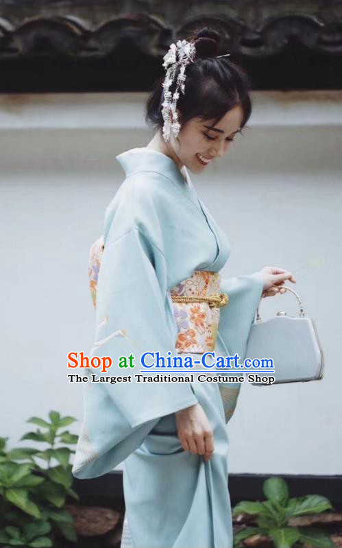 Japanese Handmade Printing Blue Kimono Costume Japan Traditional Yukata Dress for Women