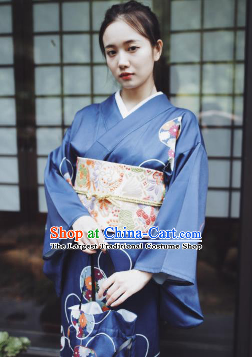 Japanese Handmade Printing Navy Kimono Costume Japan Traditional Yukata Dress for Women