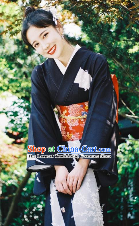 Japanese Handmade Printing Black Kimono Costume Japan Traditional Yukata Dress for Women