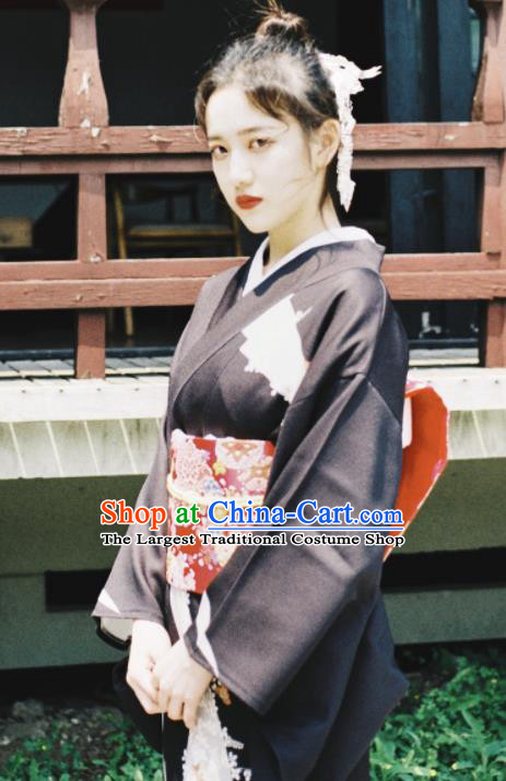 Japanese Handmade Printing Black Kimono Costume Japan Traditional Yukata Dress for Women