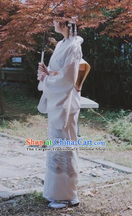Japanese Handmade White Kimono Costume Japan Traditional Printing Yukata Dress for Women