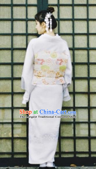 Japanese Handmade White Kimono Costume Japan Traditional Printing Yukata Dress for Women