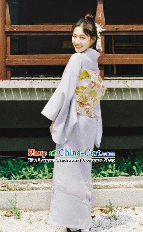 Japanese Handmade Light Purple Kimono Costume Japan Traditional Printing Yukata Dress for Women