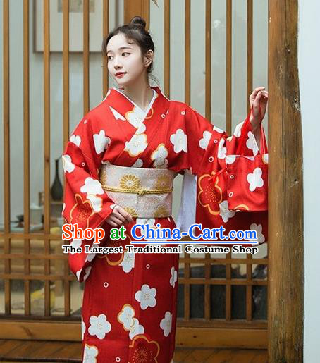 Japanese Handmade Red Kimono Costume Japan Traditional Printing Sakura Yukata Dress for Women