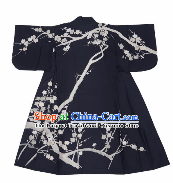 Japanese Handmade Printing Sakura Black Kimono Costume Japan Traditional Yukata Dress for Women