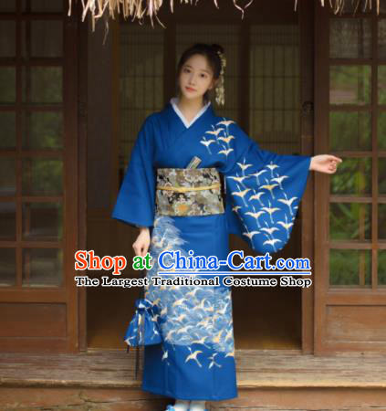 Japanese Handmade Printing Deep Blue Kimono Costume Japan Traditional Yukata Dress for Women