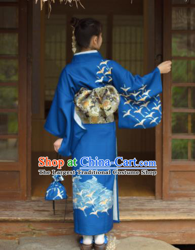 Japanese Handmade Printing Deep Blue Kimono Costume Japan Traditional Yukata Dress for Women