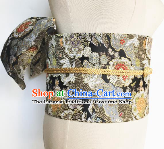 Japanese Handmade Kimono Waist Accessories Black Brocade Waistband Japan Traditional Yukata Belts for Women