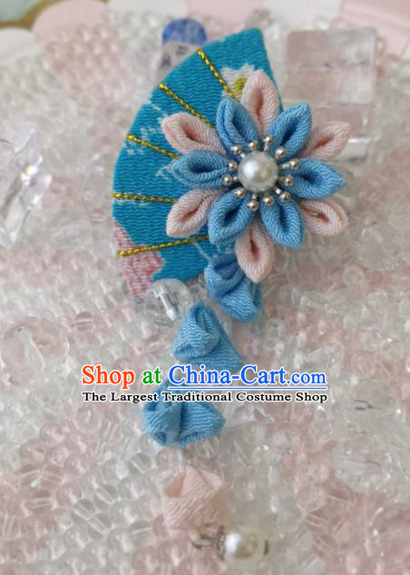 Japanese Handmade Kimono Blue Fan Hair Accessories Japan Traditional Tassel Hairpins for Women