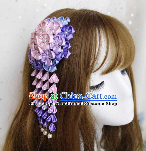 Japanese Handmade Kimono Hair Accessories Japan Traditional Yukata Purple Flowers Tassel Hairpins for Women