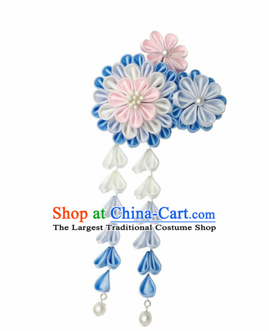 Japanese Handmade Kimono Hair Accessories Japan Traditional Yukata Blue Flowers Tassel Hairpins for Women