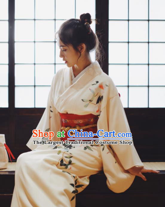 Japanese Handmade Printing Beige Kimono Costume Japan Traditional Yukata Dress for Women