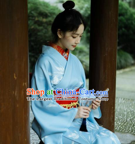 Japanese Handmade Printing Bamboo Blue Kimono Costume Japan Traditional Yukata Dress for Women