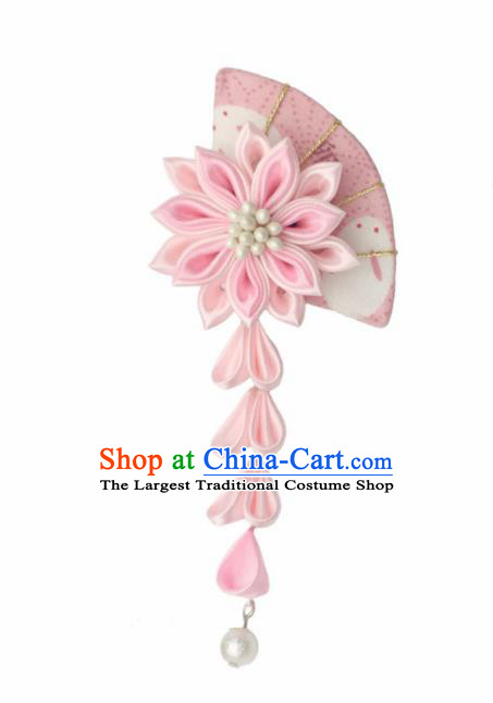 Japan Traditional Yukata Pink Fan Flowers Tassel Hair Claw Japanese Handmade Kimono Hair Accessories for Women