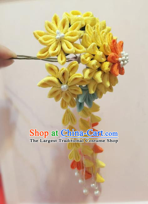 Japan Traditional Geisha Yellow Flowers Tassel Hairpins Japanese Handmade Kimono Hair Accessories for Women