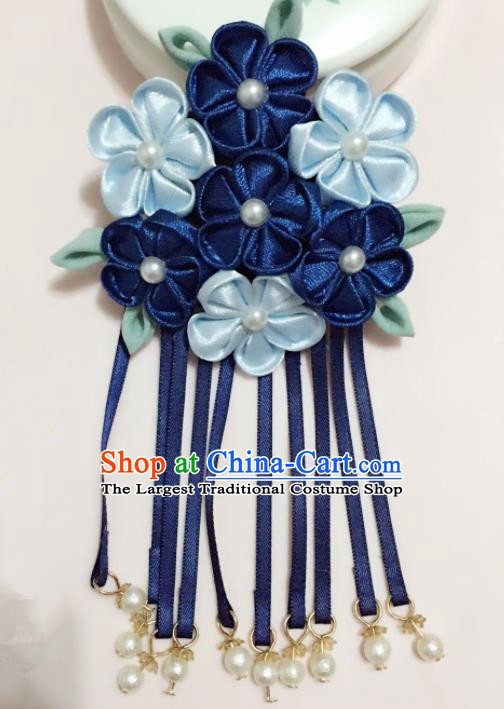 Japanese Traditional Geisha Navy Ribbon Tassel Hairpins Japan Handmade Kimono Hair Accessories for Women