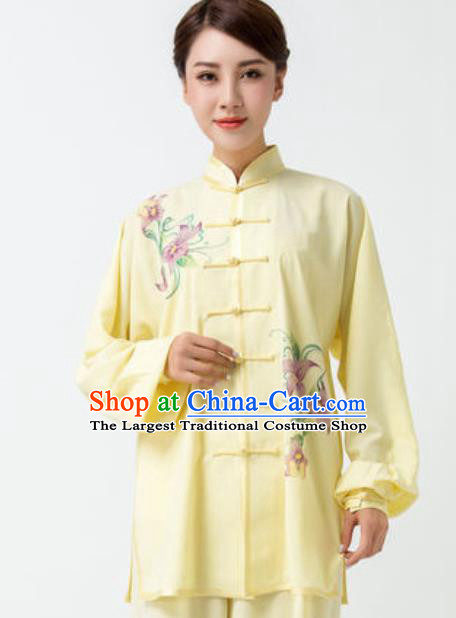 Chinese Traditional Tai Chi Printing Yellow Costume Martial Arts Uniform Kung Fu Wushu Clothing for Women
