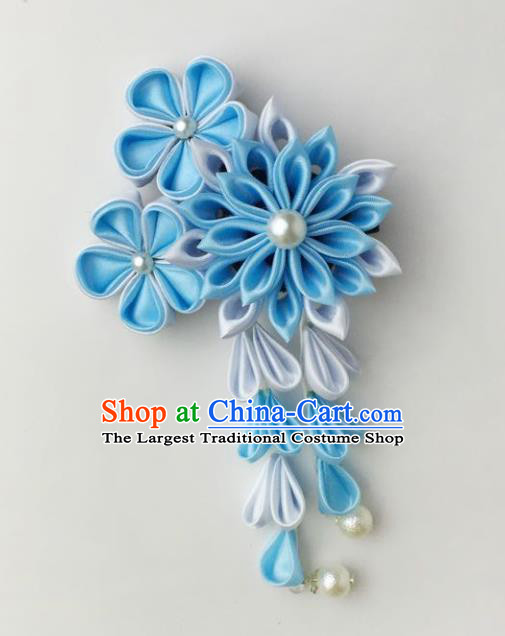 Japan Traditional Yukata Blue Flowers Tassel Hair Claw Japanese Handmade Kimono Hair Accessories for Women