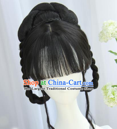 Handmade Chinese Traditional Hanfu Blunt Bangs Wigs Sheath Ancient Nobility Lady Chignon for Women