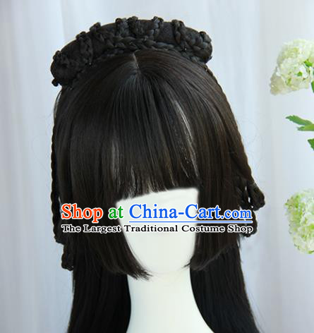 Handmade Chinese Traditional Hanfu Blunt Bangs Wigs Sheath Ancient Princess Chignon for Women