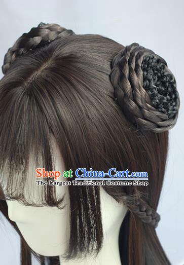 Handmade Chinese Traditional Hanfu Blunt Bangs Brown Wigs Sheath Ancient Nobility Lady Chignon for Women