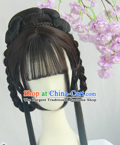 Handmade Chinese Ancient Princess Blunt Bangs Chignon Traditional Hanfu Wigs Sheath for Women