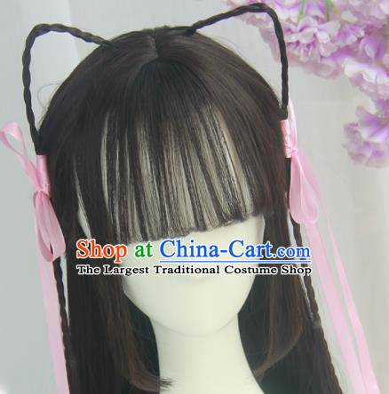 Handmade Chinese Ancient Tang Dynasty Young Lady Blunt Bangs Chignon Traditional Hanfu Wigs Sheath for Women