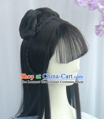 Handmade Chinese Ancient Ming Dynasty Princess Headpiece Chignon Traditional Hanfu Blunt Bangs Wigs Sheath for Women