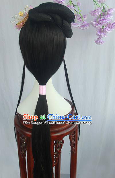 Handmade Chinese Ancient Ming Dynasty Young Lady Headpiece Chignon Traditional Hanfu Blunt Bangs Wigs Sheath for Women