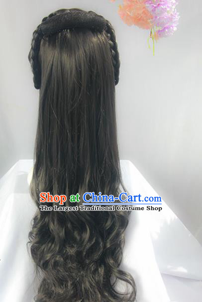 Handmade Chinese Ancient Imperial Consort Headpiece Chignon Traditional Hanfu Curly Wigs Sheath for Women