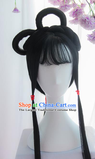 Handmade Chinese Ancient Headpiece Chignon Traditional Hanfu Blunt Bangs Wigs Sheath for Women