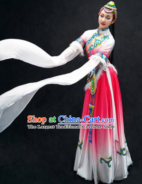 Chinese Zang Nationality Dance Costume Traditional Tibetan Bride Pink Dress Clothing for Women