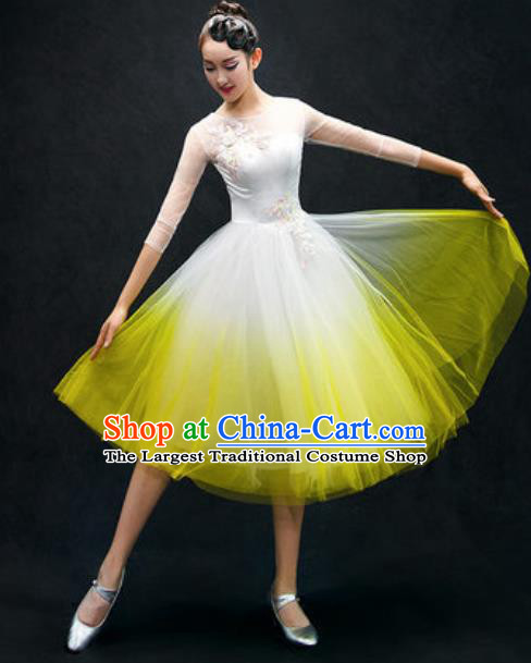 Chinese Classical Dance Costume Traditional Modern Dance Yellow Veil Dress for Women