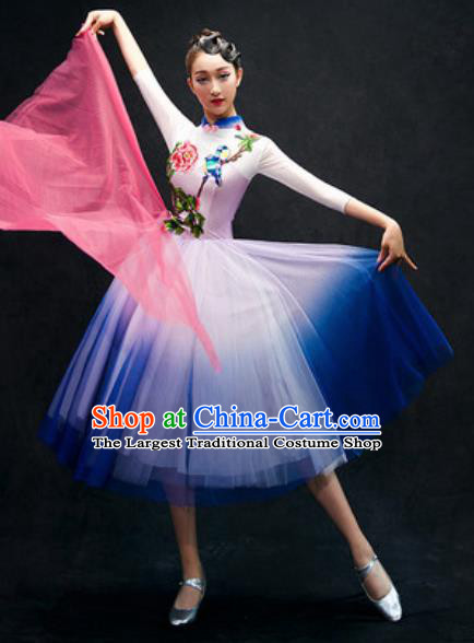 Chinese Classical Dance Costume Traditional Modern Dance Royalblue Veil Dress for Women