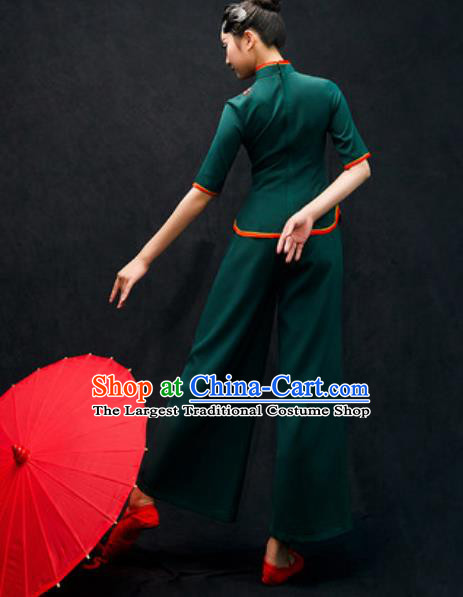 Chinese Folk Dance Yangko Atrovirens Costume Traditional Fan Dance Clothing for Women