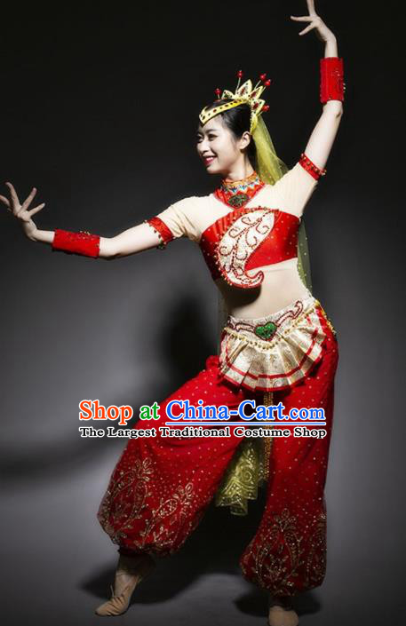 Chinese Uyghur Nationality Ethnic Dance Costume Traditional Indian Dance Red Clothing for Women