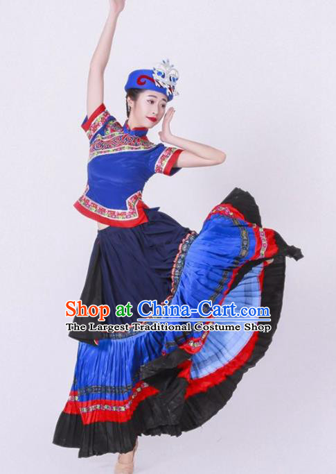 Chinese Yi Nationality Ethnic Dance Costume Traditional Minority Dance Blue Dress for Women