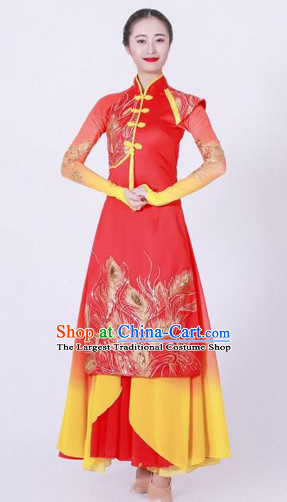 Chinese Classical Dance Chorus Stage Performance Costume Traditional Umbrella Dance Red Dress for Women