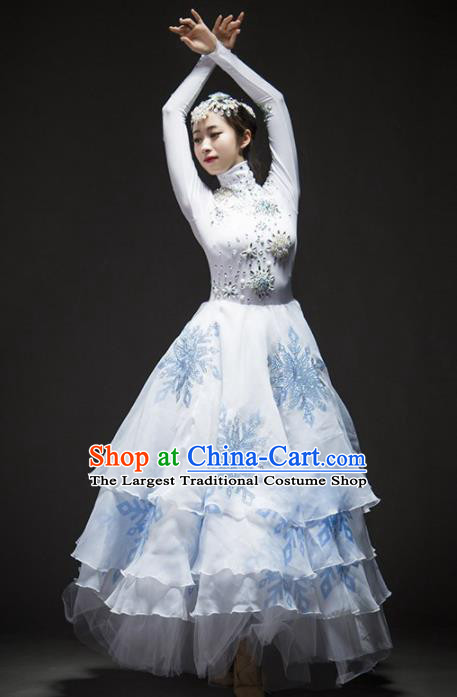 Chinese Modern Dance Stage Costume Traditional Opening Dance White Dress for Women