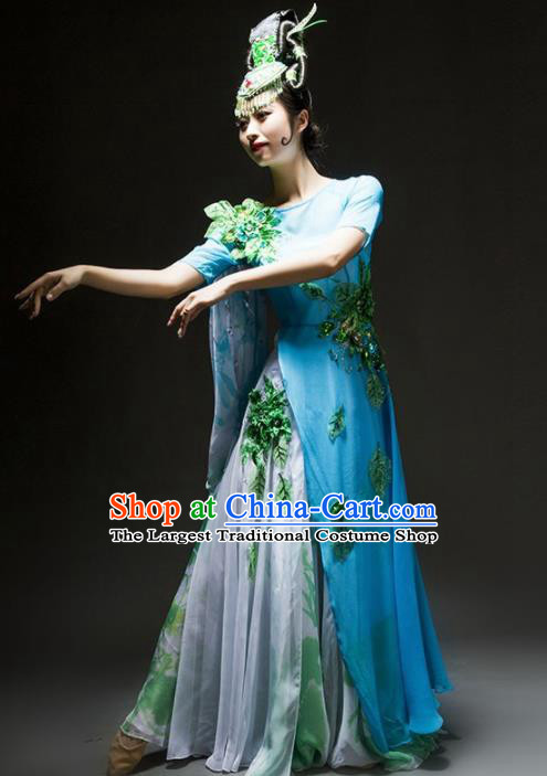 Chinese Classical Dance Chorus Costume Traditional Stage Performance Blue Dress for Women