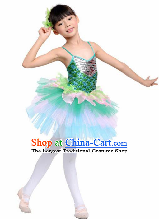 Chinese Modern Dance Stage Performance Costume Ballet Dance Green Bubble Dress for Kids